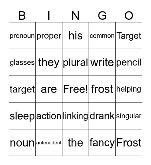 Parts of Speech Bingo Card