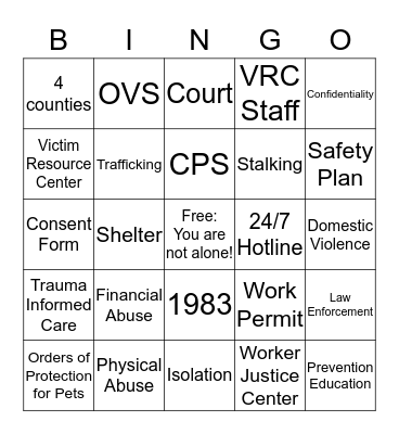 Victim Resource Center Bingo Card