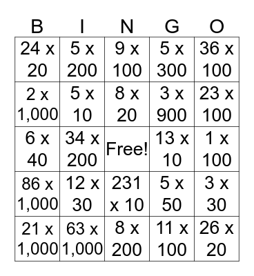 Multiplication Bingo Card