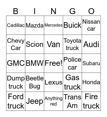 Vehicle Bingo Card