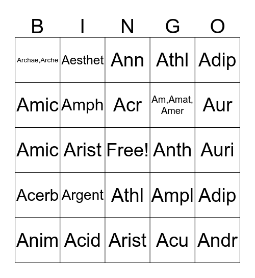 Etymology Bingo Card
