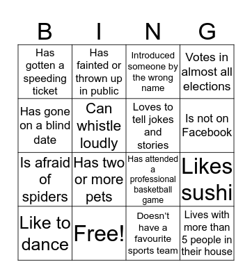 Getting to know you Bingo Card