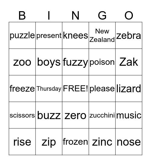 Mixed z words Bingo Card