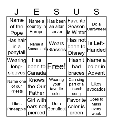 Catholic Bingo Card