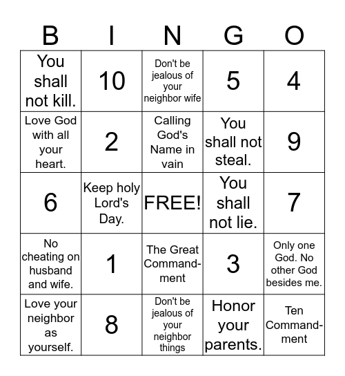 Ten Commandments Bingo Card