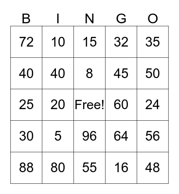 math facts 5&8 Bingo Card