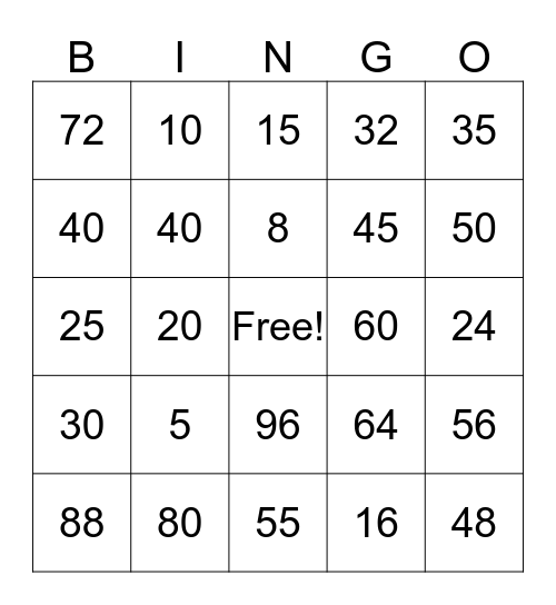 math facts 5&8 Bingo Card
