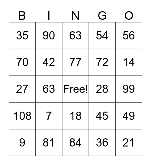 math facts 7&9 Bingo Card