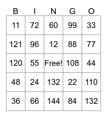 math facts 11&12 Bingo Card