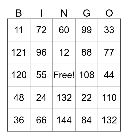 math facts 11&12 Bingo Card