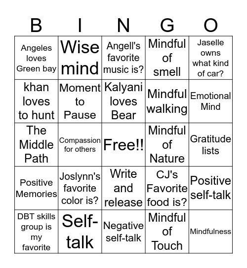 Hays Guest night DBT skills Game  Bingo Card