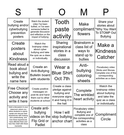 STOMP out Bullying 3-5 Bingo Card
