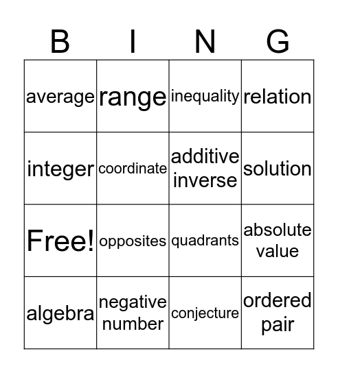 Chapter 2 Vocabulary Math 7 Bingo Card