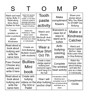 STOMP out Bullying K-2 Bingo Card
