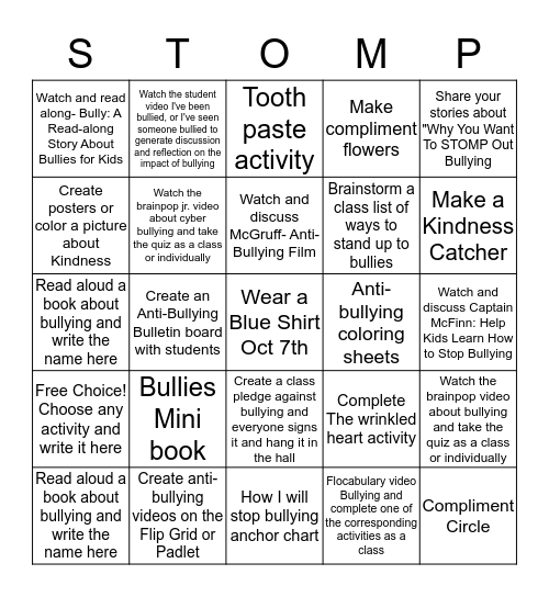 STOMP out Bullying K-2 Bingo Card