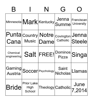 Jenne Steele Bingo Card