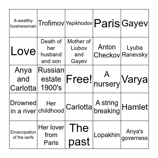 The Cherry Orchard Bingo Card