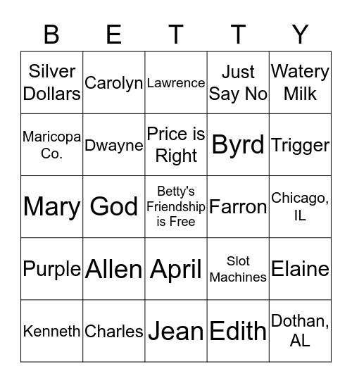 BETTY'S SURPRISE PARTY Bingo Card