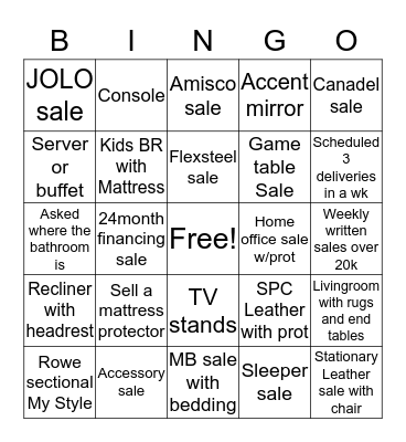 Fun Fun Furniture Bingo Card