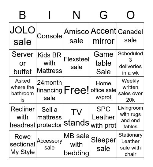 Fun Fun Furniture Bingo Card