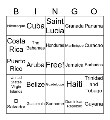 CENTRAL AMERICA AND CARIBBEAN NATIONS Bingo Card