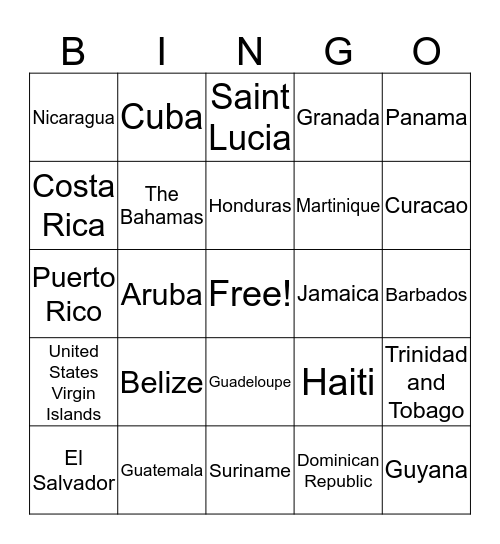 CENTRAL AMERICA AND CARIBBEAN NATIONS Bingo Card