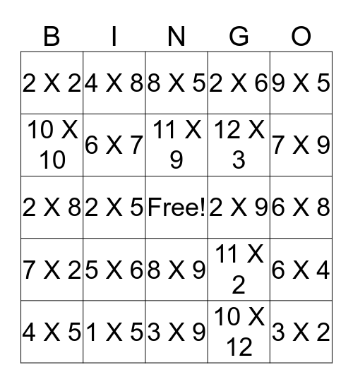 Multiplication Bingo Card