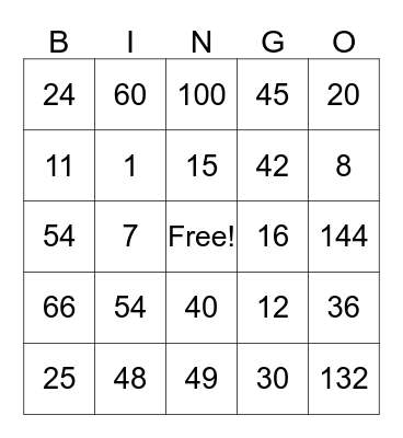 Nathan's Multiplication Bingo Card
