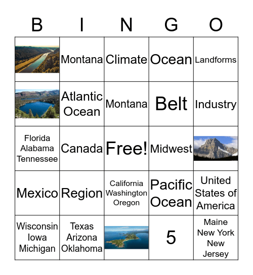 US Regions and Landforms Bingo Card