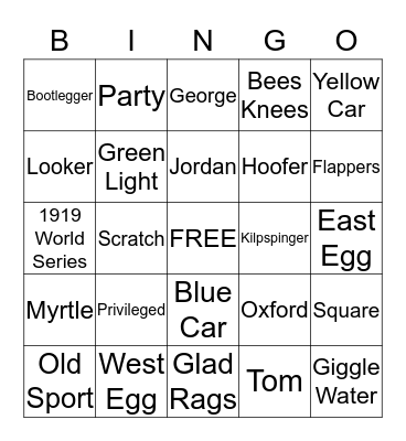The Great Gatsby Bingo Card