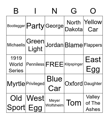 The Great Gatsby Bingo Card