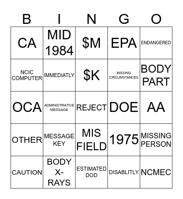 MISSING PERSON/UNIDENTIFIED PERSON Bingo Card