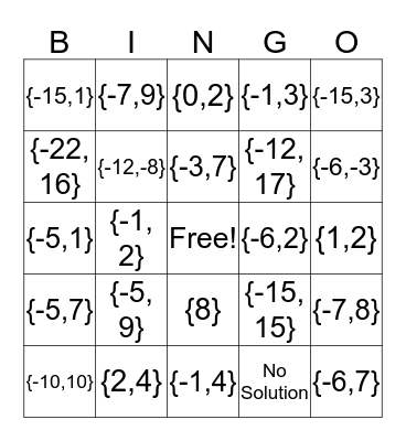 Absolute Value Bingo Card