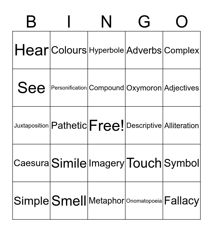 Descriptive Writing Bingo Card