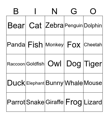 ANIMAL BINGO Card