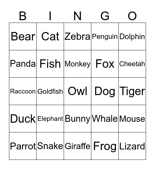 ANIMAL BINGO Card