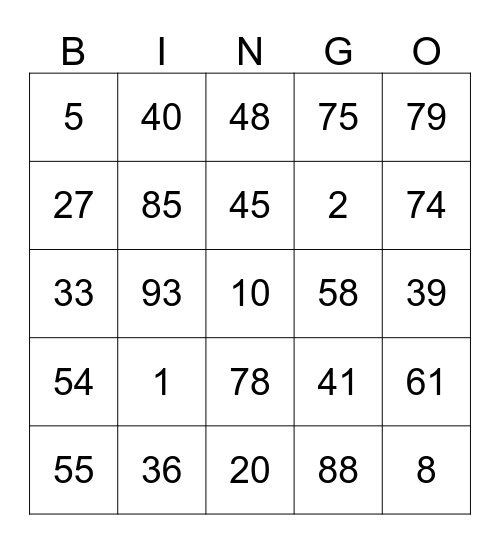 númer bingo 1 til 99 Bingo Card