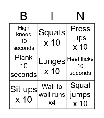 Fitness Bingo Card