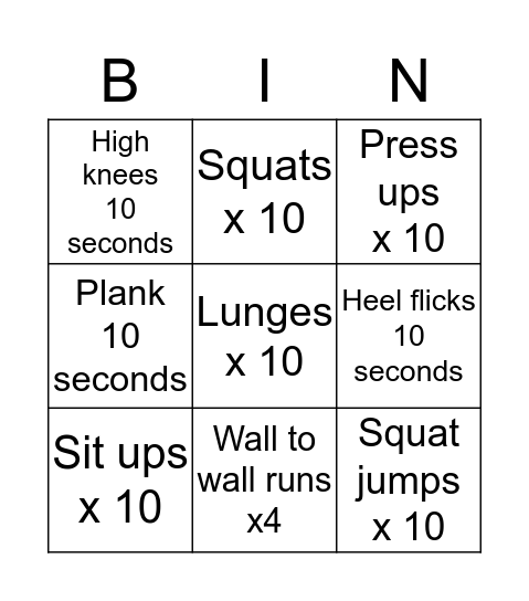 Fitness Bingo Card