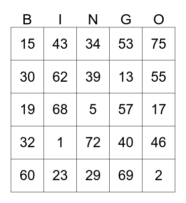 Númer BINGO 1 Til 75 Bingo Card