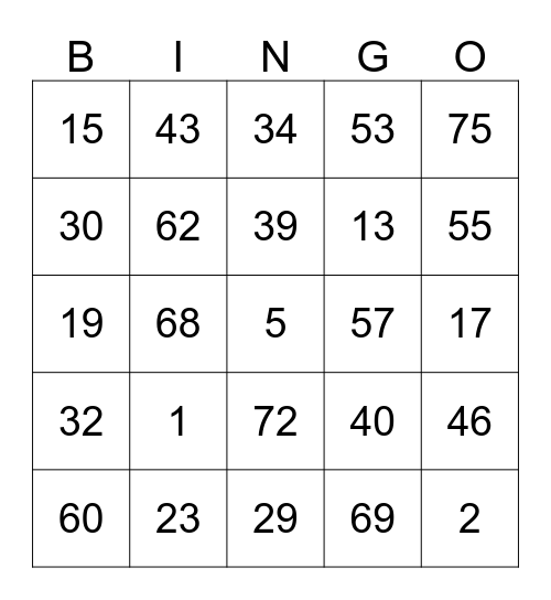 Númer BINGO 1 Til 75 Bingo Card