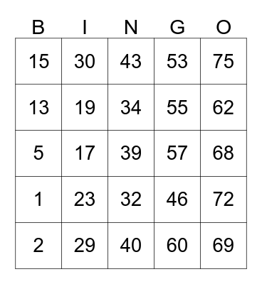 Númer BINGO 1 Til 75 Bingo Card
