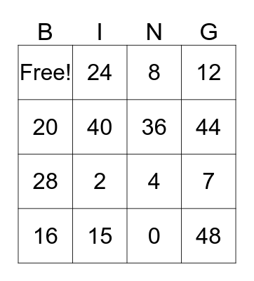 Multiplication Bingo Card