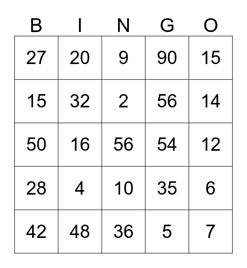 Tafels Bingo Card
