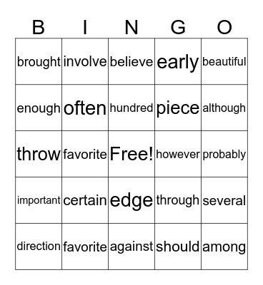 High Frequency Words Bingo Card
