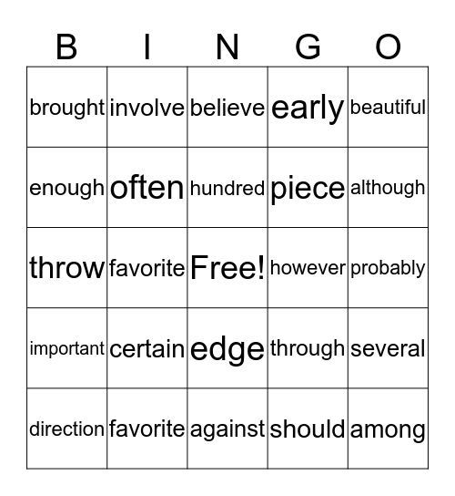 High Frequency Words Bingo Card