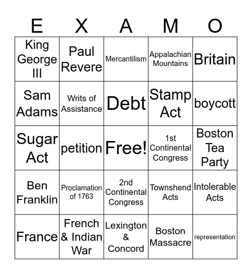 Causes of the Am. Rev. Bingo Card