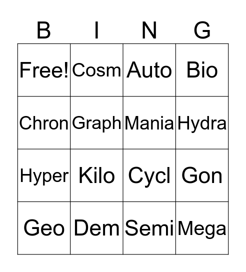 Greek Root Words Bingo Card