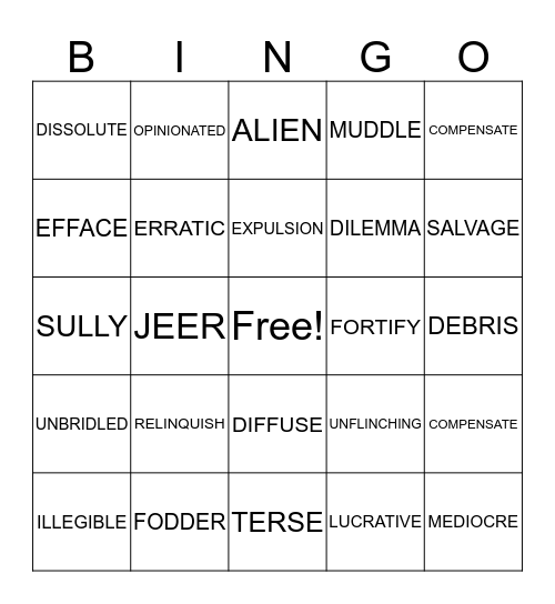 VOCABULARY UNIT 2 Bingo Card