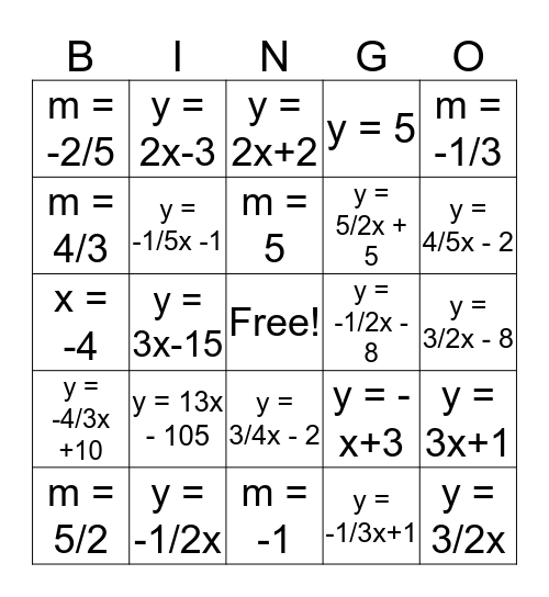 Parallel and Perpendicular Lines Bingo Card